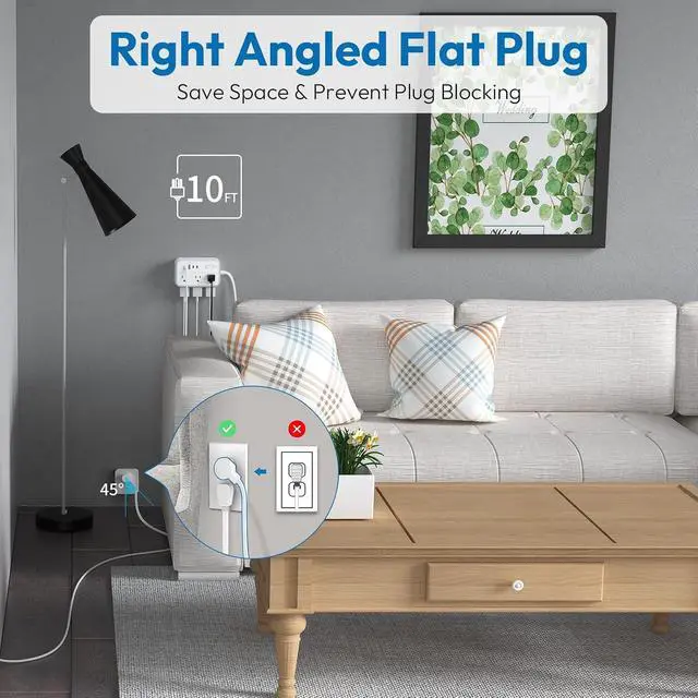 Alt view image 4 of 7 - Power Strip 10 ft, Flat Plug Extension Cord with 6 Outlets 4 USB Ports, Outlet Extender Long Cord, Overload Protection, Extension Cord with Multiple Outlets for Indoor, Home, Office