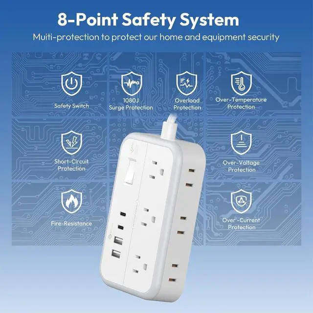 Alt view image 6 of 7 - Power Strip 10 ft, Flat Plug Extension Cord with 6 Outlets 4 USB Ports, Outlet Extender Long Cord, Overload Protection, Extension Cord with Multiple Outlets for Indoor, Home, Office