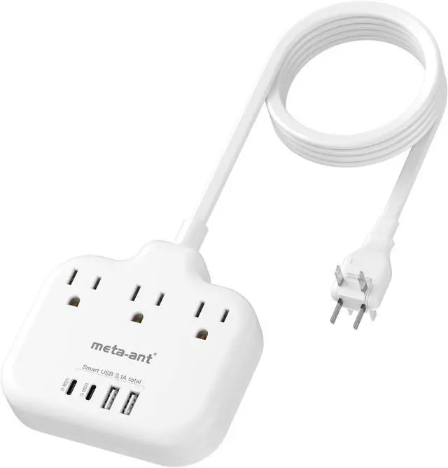 Main image of US to Japan Adapter, meta-ant 2 Prong to 3 Prong Outlet Adapter with 3 Outlets & 4 USB(2 USB-C), 5FT Extension Cord, 180 Rotating Flat Plug 1875W, Type A Plug Adapter for USA to Japanese China Canada
