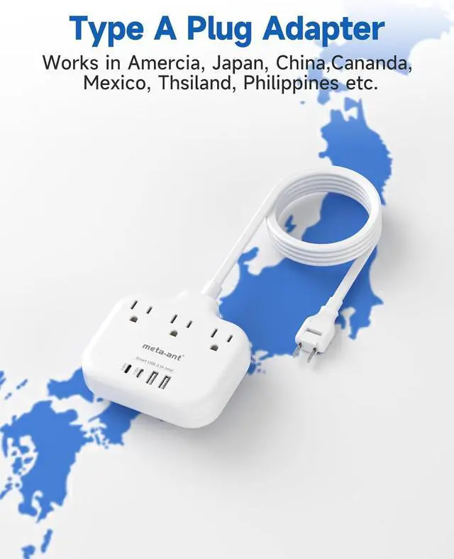 Alt view image 2 of 7 - US to Japan Adapter, meta-ant 2 Prong to 3 Prong Outlet Adapter with 3 Outlets & 4 USB(2 USB-C), 5FT Extension Cord, 180 Rotating Flat Plug 1875W, Type A Plug Adapter for USA to Japanese China Canada