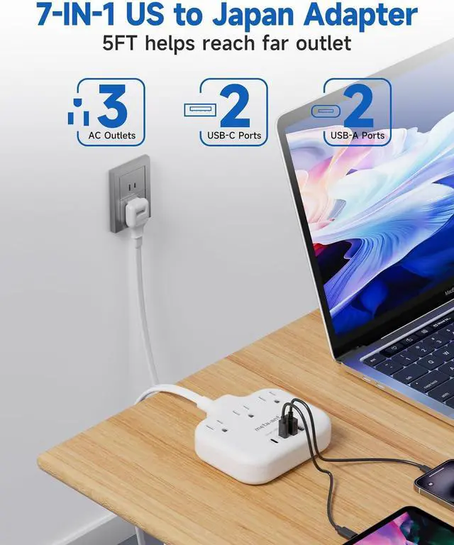 Alt view image 5 of 7 - US to Japan Adapter, meta-ant 2 Prong to 3 Prong Outlet Adapter with 3 Outlets & 4 USB(2 USB-C), 5FT Extension Cord, 180 Rotating Flat Plug 1875W, Type A Plug Adapter for USA to Japanese China Canada