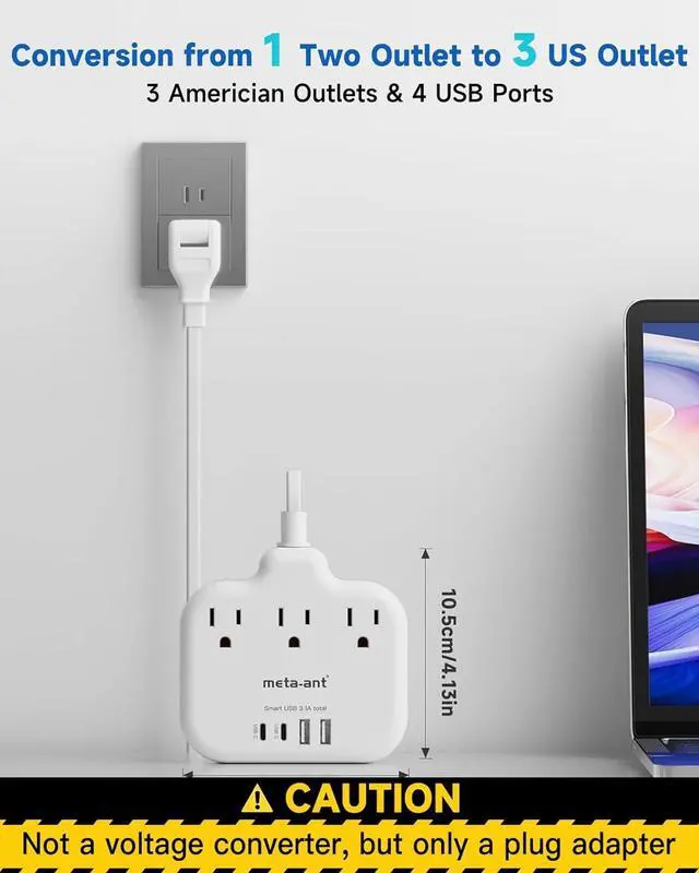 Alt view image 6 of 7 - US to Japan Adapter, meta-ant 2 Prong to 3 Prong Outlet Adapter with 3 Outlets & 4 USB(2 USB-C), 5FT Extension Cord, 180 Rotating Flat Plug 1875W, Type A Plug Adapter for USA to Japanese China Canada