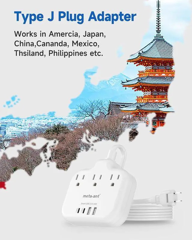 Alt view image 7 of 7 - US to Japan Adapter, meta-ant 2 Prong to 3 Prong Outlet Adapter with 3 Outlets & 4 USB(2 USB-C), 5FT Extension Cord, 180 Rotating Flat Plug 1875W, Type A Plug Adapter for USA to Japanese China Canada