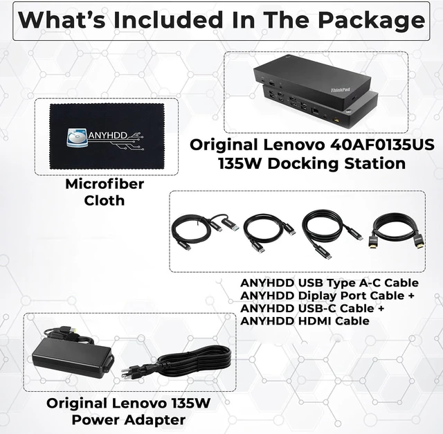 Alt view image 2 of 7 - 40AF0135US Lenovo Docking Station Dual Monitor Hybrid USB-C with USB-A - 1 Year Warranty, Thinkpad Dock w/ 135W Adapter, ANYHDD HDMI, DisplayPort, USB-C Cables, Cloth - Lenovo Laptop Docking Station