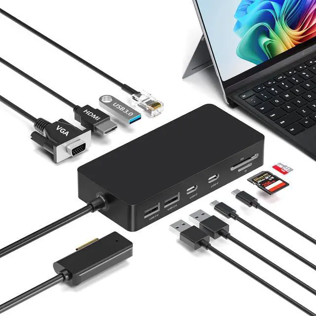 Main image of Surface Docking Station, 11-in-1 4K@60Hz HDMI+VGA Dual Monitor Surface Dock for Surface Pro 11/10/9/8/X/7/6/5/4, Surface Laptop 7-1, Book & Laptop | 72W Fast Charging, Ethernet, USB-C 5Gbps