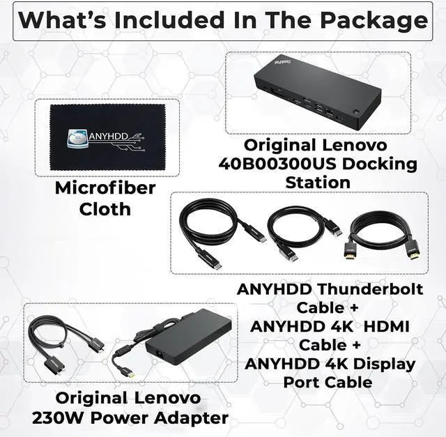 Alt view image 2 of 6 - 40B00300US Lenovo Docking Station USB C Bundle - 1 Year Warranty, Supports 4K Display, Thunderbolt 4 Dock with 300W Adapter, Anyhdd HDMI, DisplayPort, Thunderbolt Cables & Cloth