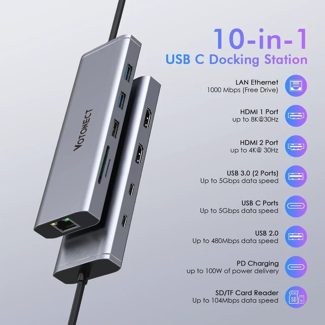 Alt view image 2 of 6 - 10-in-1 USB C Hub with 4K HDMI Adapter, SD/TF Card Reader, 100W PD Charging, 2 USB 3.0 Ports, and 2 usb2.0 Ports for MacBook Pro/Air, Dell XPS, Lenovo ThinkPad, etc. (8K HDMI Docking station)