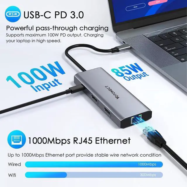 Alt view image 5 of 6 - 10-in-1 USB C Hub with 4K HDMI Adapter, SD/TF Card Reader, 100W PD Charging, 2 USB 3.0 Ports, and 2 usb2.0 Ports for MacBook Pro/Air, Dell XPS, Lenovo ThinkPad, etc. (3X 8K Docking Station)