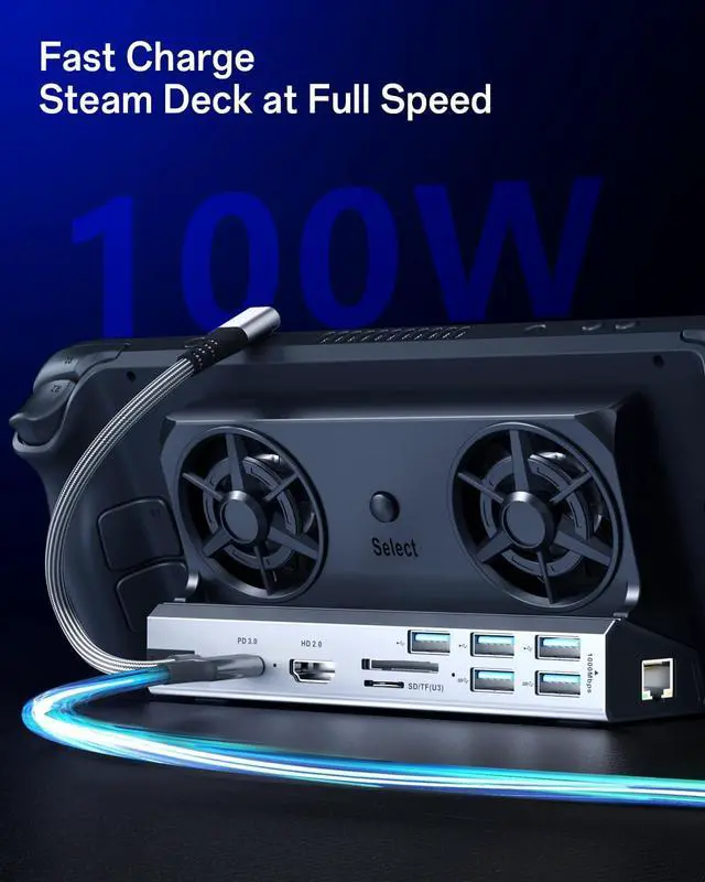 Alt view image 5 of 7 - 13-in-1 Steam Deck Dock with Dual 5cm RGB Cooling Fans for Steam Deck OLED/ROG Ally/Switch 2/Legion Go 4K@60Hz HDMI, Gigabit Ethernet, 100W PD, Aluminum