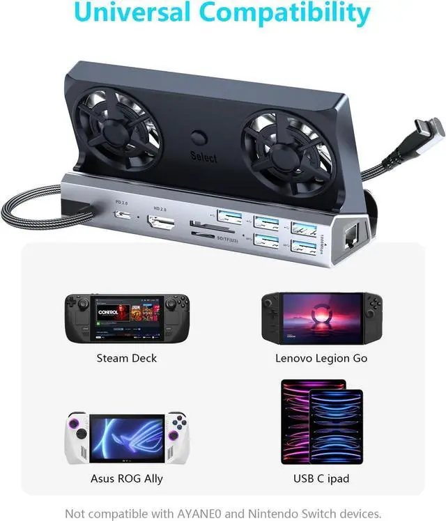 Alt view image 7 of 7 - 13-in-1 Steam Deck Dock with Dual 5cm RGB Cooling Fans for Steam Deck OLED/ROG Ally/Switch 2/Legion Go 4K@60Hz HDMI, Gigabit Ethernet, 100W PD, Aluminum