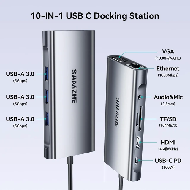 Alt view image 2 of 7 - SAMZHE USB C Docking Station 10-in-1 USB-C Hub Dual 4K HDMI Monitor Laptop Dock Stations Multiple Adapter with HDMI 4K+VGA+3 USB-A 3.0 Port+100W PD Charger+Ethernet+SD/TF+Audio