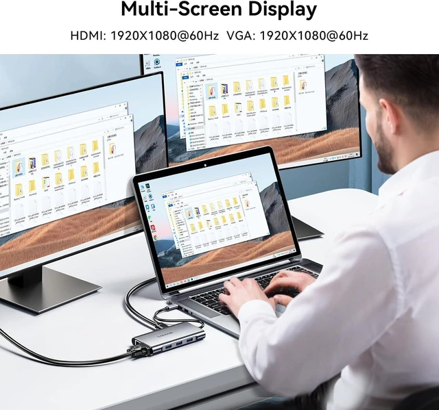 Alt view image 6 of 7 - SAMZHE USB C Docking Station 10-in-1 USB-C Hub Dual 4K HDMI Monitor Laptop Dock Stations Multiple Adapter with HDMI 4K+VGA+3 USB-A 3.0 Port+100W PD Charger+Ethernet+SD/TF+Audio