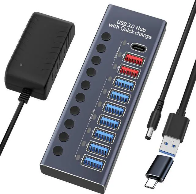 Main image of Boost Your Device Performance With Our Aluminum USB 3.0 Hub! 10-Port Splitter for Seamless Connectivity - 7 High-Speed Data Transfer, 2 Intelligent Charging, 1 PD Charging