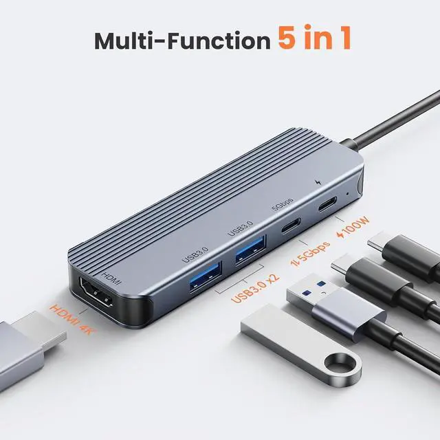 Alt view image 2 of 7 - GUSGU USB C Hub with 4K HDMI (5-in-1 Gray), 2*USB 3.0, 5Gbps Type C Port, PD Charging 100W, Multiport Adapter for HP Laptop, MacBook Pro/Air, Dell Inspiron/XPS, Acer, Lenovo