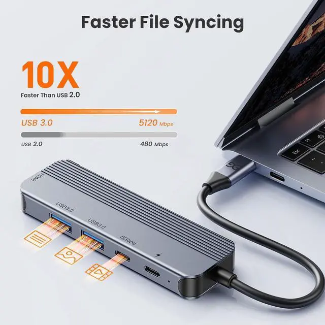 Alt view image 4 of 7 - GUSGU USB C Hub with 4K HDMI (5-in-1 Gray), 2*USB 3.0, 5Gbps Type C Port, PD Charging 100W, Multiport Adapter for HP Laptop, MacBook Pro/Air, Dell Inspiron/XPS, Acer, Lenovo
