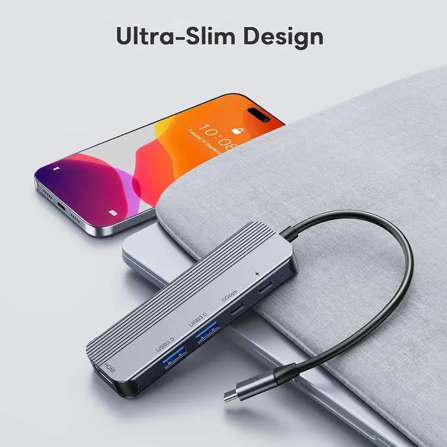 Alt view image 7 of 7 - GUSGU USB C Hub with 4K HDMI (5-in-1 Gray), 2*USB 3.0, 5Gbps Type C Port, PD Charging 100W, Multiport Adapter for HP Laptop, MacBook Pro/Air, Dell Inspiron/XPS, Acer, Lenovo
