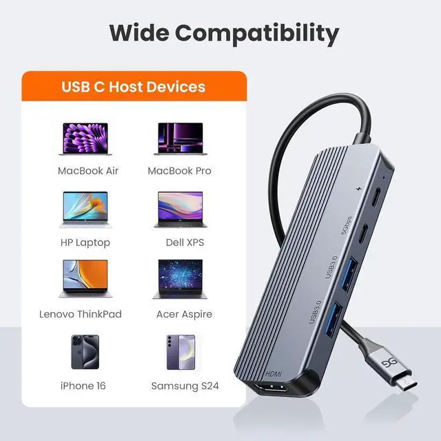 Alt view image 6 of 7 - GUSGU USB C Hub with 4K HDMI (5-in-1 Gray), 2*USB 3.0, 5Gbps Type C Port, PD Charging 100W, Multiport Adapter for HP Laptop, MacBook Pro/Air, Dell Inspiron/XPS, Acer, Lenovo