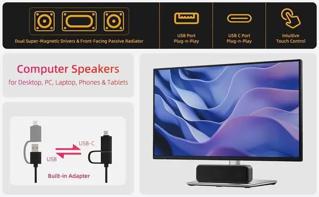 Alt view image 2 of 7 - Computer Speakers for Desktop PC Laptop, Wired, USB Plug-in, External Speakers for Monitor, Small Computer Sound bar for PC, Loud Speaker with Deep Bass, Touch Control, Built-in USB-C to USB Adapter
