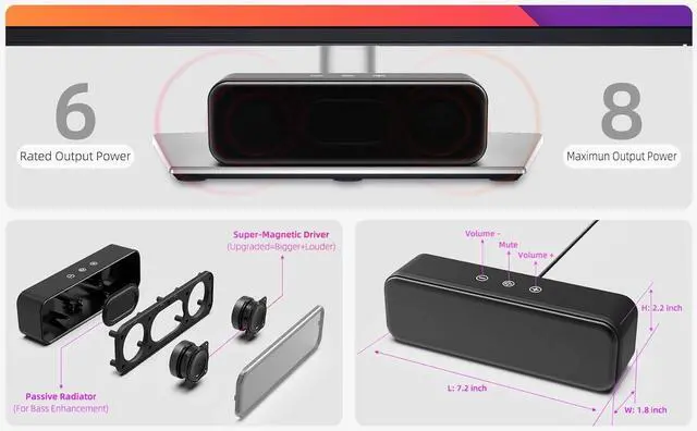 Alt view image 4 of 7 - Computer Speakers for Desktop PC Laptop, Wired, USB Plug-in, External Speakers for Monitor, Small Computer Sound bar for PC, Loud Speaker with Deep Bass, Touch Control, Built-in USB-C to USB Adapter