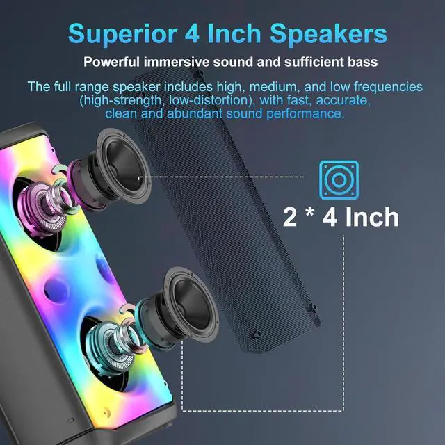 Alt view image 2 of 7 - Bluetooth Speaker, 80W Peak Wireless TWS Portable Outdoor Party Speakers with Subwoofer, Deep Bass, LED Colorful Lights, Loud Stereo Sound Boombox with Radio for Home, Camping, Travel