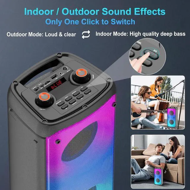 Alt view image 6 of 7 - Bluetooth Speaker, 80W Peak Wireless TWS Portable Outdoor Party Speakers with Subwoofer, Deep Bass, LED Colorful Lights, Loud Stereo Sound Boombox with Radio for Home, Camping, Travel