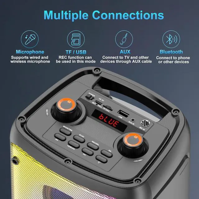Alt view image 7 of 7 - Bluetooth Speaker, 80W Peak Wireless TWS Portable Outdoor Party Speakers with Subwoofer, Deep Bass, LED Colorful Lights, Loud Stereo Sound Boombox with Radio for Home, Camping, Travel