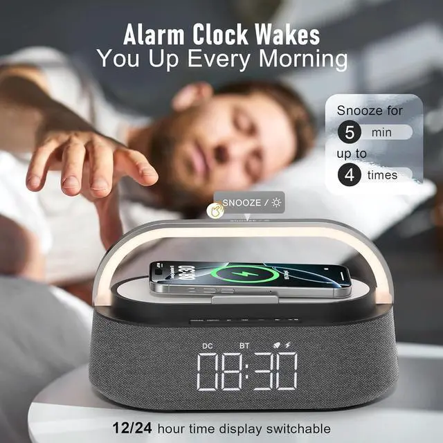 Alt view image 3 of 7 - FREEFISH Bluetooth Speaker with Fast Wireless Charger,FM Radio,Touch LED Night Light,Phone Holder,Snooze, Portable Wireless Speaker for Bedrooms Office Home, Gifts (Black)