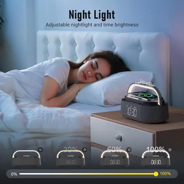 Alt view image 7 of 7 - FREEFISH Bluetooth Speaker with Fast Wireless Charger,FM Radio,Touch LED Night Light,Phone Holder,Snooze, Portable Wireless Speaker for Bedrooms Office Home, Gifts (Black)