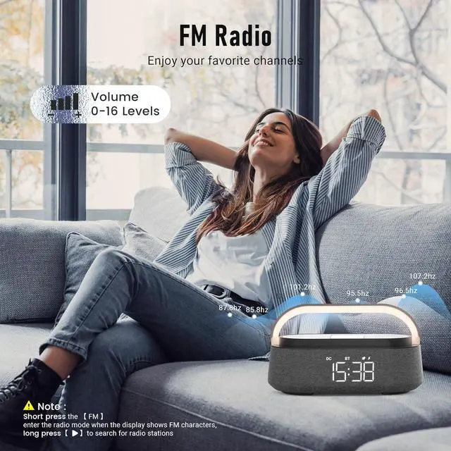 Alt view image 5 of 7 - FREEFISH Bluetooth Speaker with Fast Wireless Charger,FM Radio,Touch LED Night Light,Phone Holder,Snooze, Portable Wireless Speaker for Bedrooms Office Home, Gifts (Black)