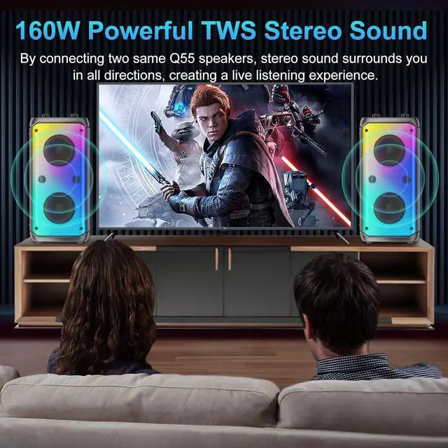 Alt view image 3 of 7 - Bluetooth Speaker, 80W Peak Wireless TWS Portable Outdoor Party Speakers with Subwoofer, Deep Bass, LED Colorful Lights, Loud Stereo Sound Boombox with Radio for Home, Camping, Travel