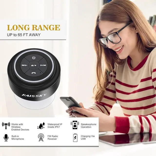 Alt view image 5 of 7 - HAISSKY Bluetooth Shower Speakers, Portable Wireless Speaker with Suction Cup, IP67 Waterproof Outdoor Wireless Speaker, Pairs Easily to Phones, Tablets, Computer, Gift for Men & Women