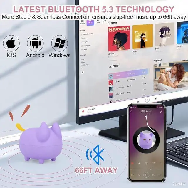 Alt view image 3 of 7 - Small Bluetooth Speaker, Cute Cat Mini Wireless Speakers with Loud Stereo Sound, Built-in Mic, Super Bass, Dual Pairing, Portable Speaker for Teen Girl Birthday Gift (Purple)