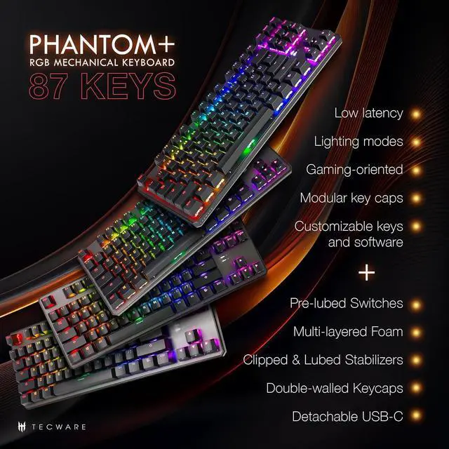 Alt view image 3 of 7 - TECWARE Phantom+ 87 Key Mechanical Gaming Keyboard, RGB led, TKL 75% Keyboard, Thocky Sounding, Wraith Red Switch