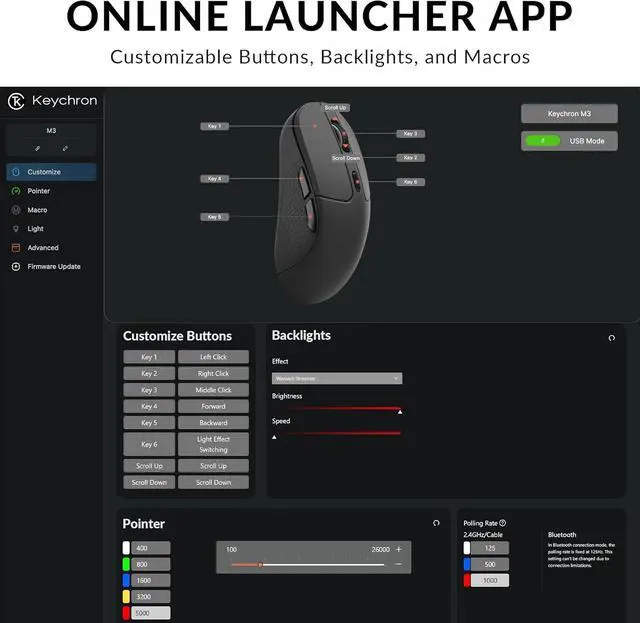 Alt view image 3 of 7 - Keychron M3 Wireless Mouse, PAW3395 Sensor with Programmable Macro Button 26,000 DPI Supports 2.4 GHz/Bluetooth 5.1, 79g Ultra-Light Ergonomic Design Up to 70 Hours Using for PC Mac Laptop - Black