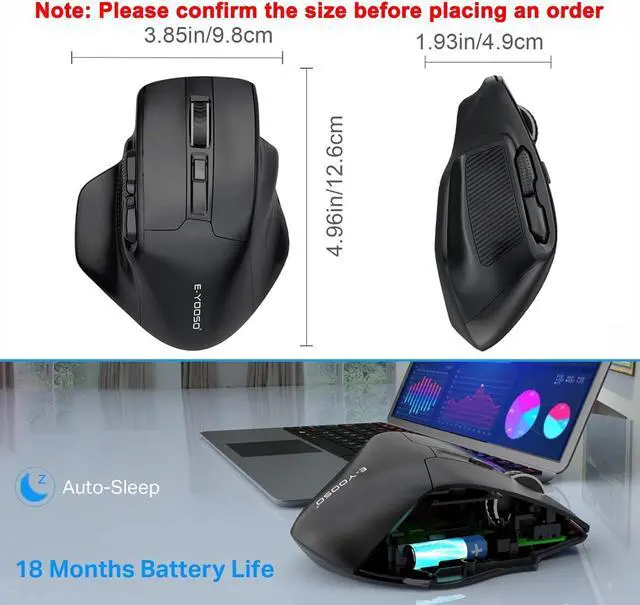 Alt view image 3 of 7 - E-YOOSO Large Bluetooth Wireless Mouse for Big Hands, X-31 Cordless Ergo Computer Mouse, 6 Buttons, 5-Level 4800 DPI, 18 Months Battery Life, for Laptop, PC, Chromebook