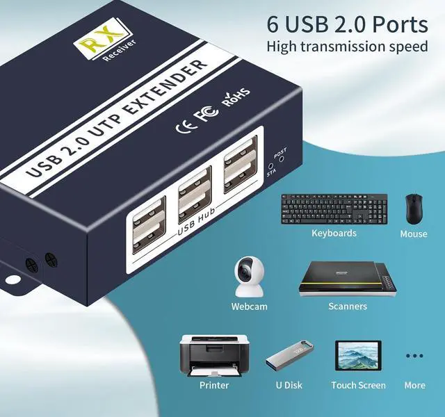 Alt view image 4 of 7 - USB Extender Over ethernet cat5e cat6/7 up to 492FT/150m6 Port UBS2.0,Plug and Play,USB ethernet Extender Over rj45. No Driver,Supports All Operating System, Keyboard and Mouse Over Ethernet.