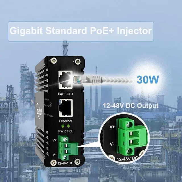 Alt view image 5 of 7 - Industrial Gigabit 30W PoE Injector IEEE802.3af/at 12~48VDC Redundant Power Input DIN-Rail 48V PoE+ Output Injector 10/100/1000Mbps Power Over Ethernet 40 to 80