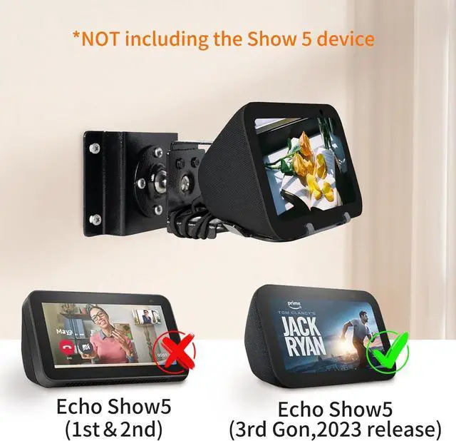 Alt view image 3 of 6 - shinar Metal Wall Mount ONLY for Echo Show 5 (3rd Generation) - Swivels up to 360° / Tilts -70° / +70°,Mount Stand Compatible with Show 5 (3rd Gen) with Wiremanagement (Black)