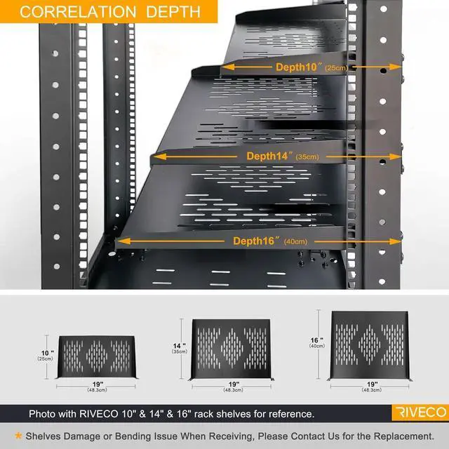 Alt view image 5 of 6 - RIVECO 2PCS 1U Rack Shelves, 19 Cabinet Mount 1 U Tray Vented Cantilevers for Computer Case Shelf Mounting, 10 Inches 25CM Depth, Black