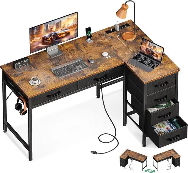 Main image of Coleshome 42 Inch L Shaped Desk with Drawers, Computer Desk with Power Outlets, Home Office Desk with 6 Drawers, Reversible Corner Desk for Small Space, Study Work Table with Hook, Vintage