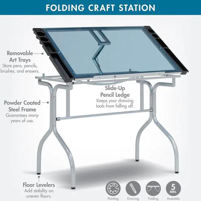 Alt view image 4 of 7 - Studio Designs Folding Modern Glass Top Adjustable Drafting Table Craft Table Drawing Desk Hobby Table Writing Desk Studio Desk, 35.25" W x 23.75" D, Silver/Blue Glass