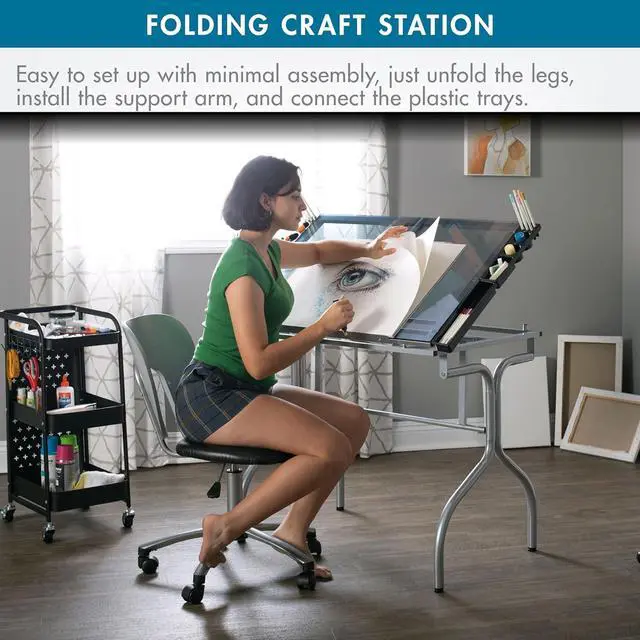 Alt view image 5 of 7 - Studio Designs Folding Modern Glass Top Adjustable Drafting Table Craft Table Drawing Desk Hobby Table Writing Desk Studio Desk, 35.25" W x 23.75" D, Silver/Blue Glass