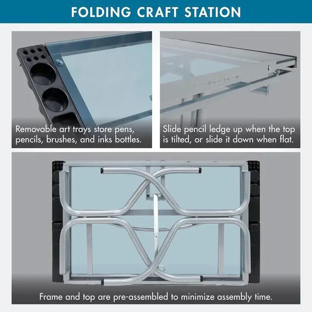 Alt view image 6 of 7 - Studio Designs Folding Modern Glass Top Adjustable Drafting Table Craft Table Drawing Desk Hobby Table Writing Desk Studio Desk, 35.25" W x 23.75" D, Silver/Blue Glass