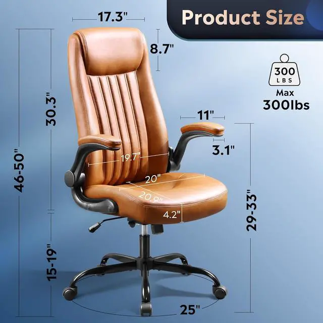 Alt view image 3 of 7 - DEVAISE Executive Chair Computer Office Chair, High Back Ergonomic Desk Chair with Adjustable Flip-up Armrests, Lumbar Support and Thick Headrest, Brown