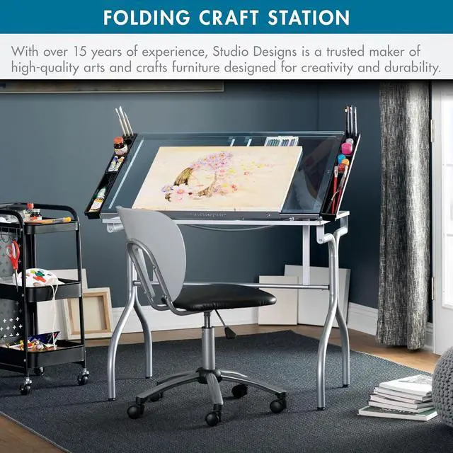 Alt view image 7 of 7 - Studio Designs Folding Modern Glass Top Adjustable Drafting Table Craft Table Drawing Desk Hobby Table Writing Desk Studio Desk, 35.25" W x 23.75" D, Silver/Blue Glass