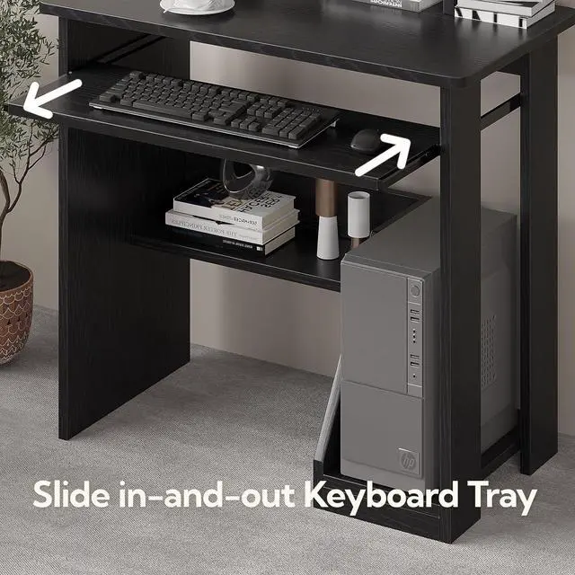 Alt view image 5 of 7 - ALISENED 29.5" Small Computer Desk with Keyboard Tray Monitor Stand, Study Writing Desk with Storage Shelves, Modern Workstation for Small Spaces, Save Space, Black