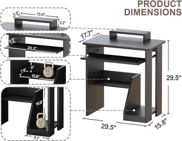 Alt view image 3 of 7 - ALISENED 29.5" Small Computer Desk with Keyboard Tray Monitor Stand, Study Writing Desk with Storage Shelves, Modern Workstation for Small Spaces, Save Space, Black
