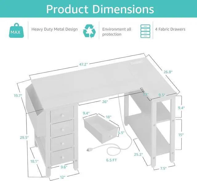 Alt view image 3 of 7 - Lufeiya White L Shaped Computer Desk with Drawers & Storage Shelves, 47 Inch Corner Reversible Desk with Power Outlet for Home Office Bedroom, L-Shaped Teen PC Desks with Fabric Drawer, White
