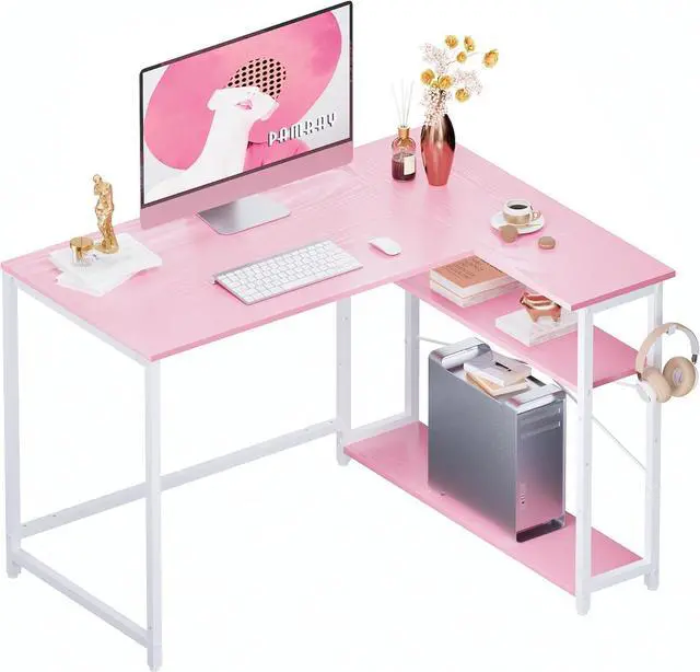 Main image of Pamray 43 Inch L Shaped Computer Desk with Reversible Side Storage Shelves, Small Corner Desk for Small Space Home Office,Writing Study Table PC Desk for Bedroom,Pink with White Leg