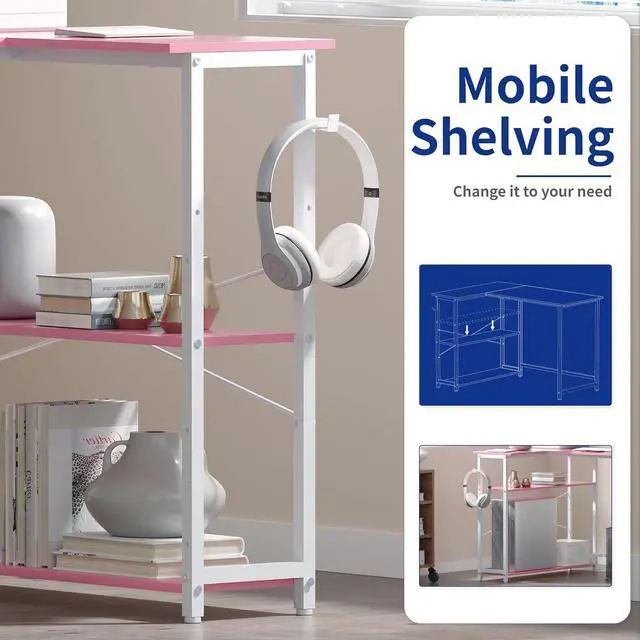 Alt view image 4 of 6 - Pamray 43 Inch L Shaped Computer Desk with Reversible Side Storage Shelves, Small Corner Desk for Small Space Home Office,Writing Study Table PC Desk for Bedroom,Pink with White Leg